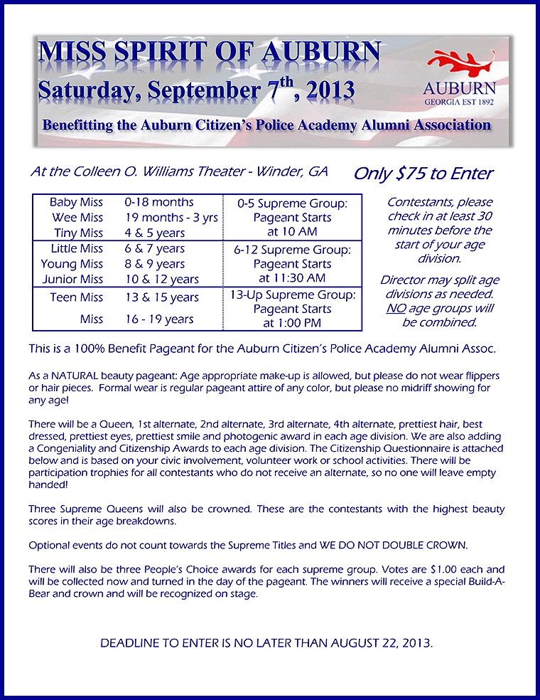 A 100% Benefit Pageant to Support the Auburn Citizen's Police Academy Alumni Association